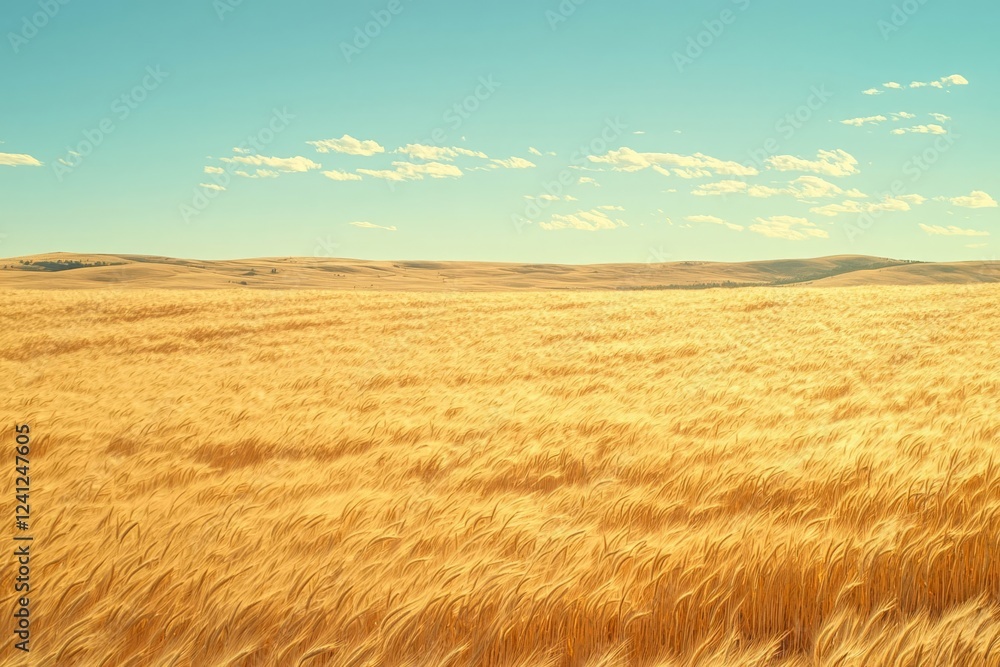 Obraz premium Golden wheat field swaying under clear blue sky.