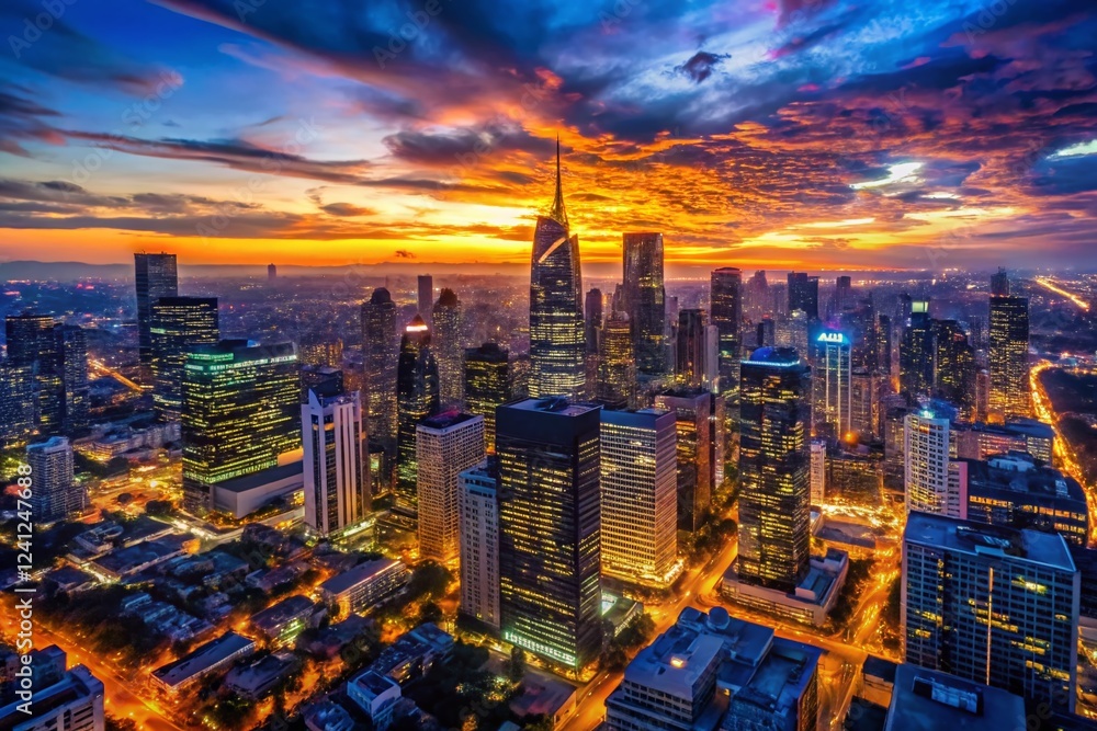 Obraz premium Twilight City Skyline Silhouette - Drone View, Urban Night Lights, Cityscape, Aerial Photography