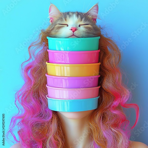 Modern art collage. Female alien model with cat face instead head on gradient background. , isolated on white background,  , copy space for text, photo