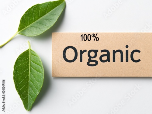 Organic Label with Green Leaves: A close-up shot of a brown label with the inscription 