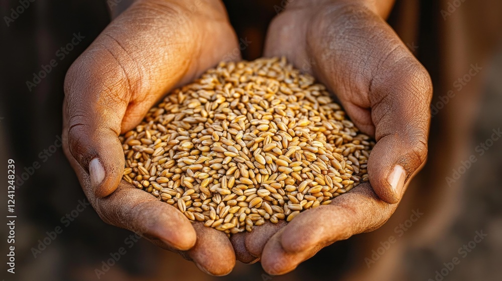 Hands hold countless grains of wheat, reflecting the essence of a bountiful harvest. The warm tones capture a moment of pride, rooted deeply in tradition and cultivation