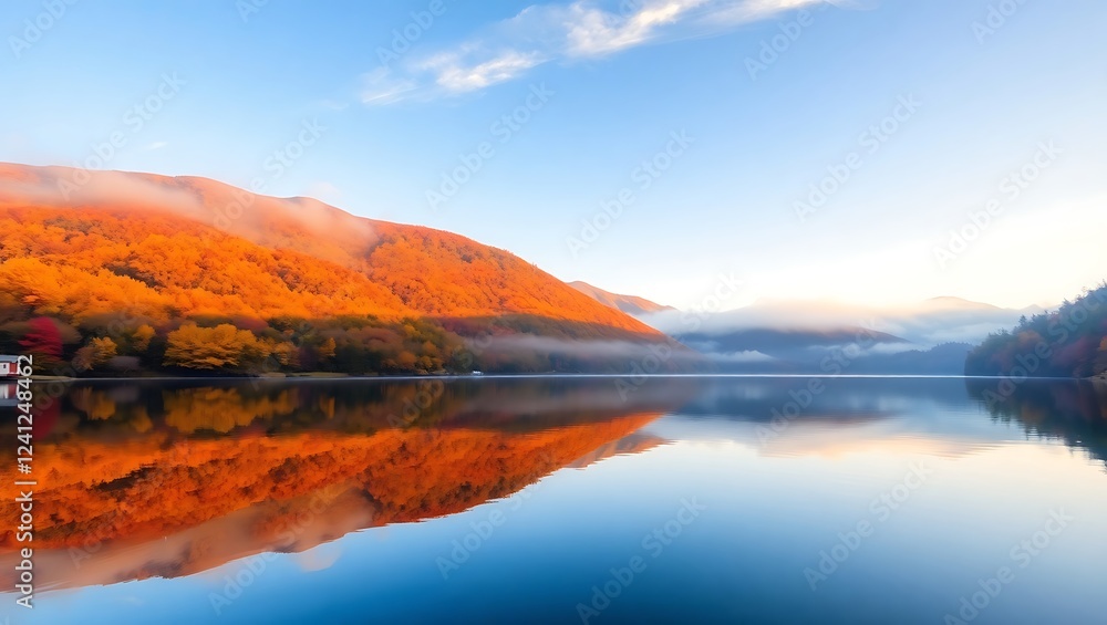 Autumn Sunrise Over a Serene Mountain Lake with Perfect Reflection in Japan Autumn Sunrise Over a Serene Mountain Lake with Perfect Reflection in Japan