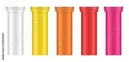 Set of effervescent tablet tubes. Small medical pill bottles. White, yellow, orange, red and pink jars. Plastic medicine container. 3d mockup of a pharmaceutical packaging	