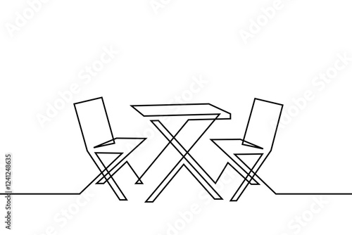 Garden chairs and table in continuous line art drawing style. Outdoor furniture black linear sketch isolated on white background. Vector illustration