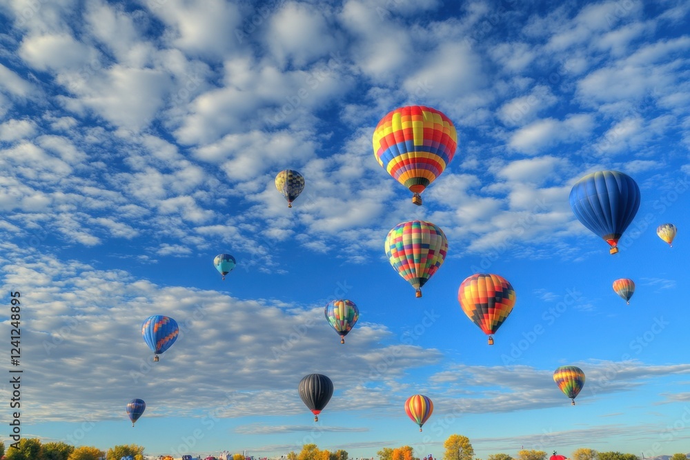 Obraz premium Colorful Hot Air Balloons Soaring in a Bright Blue Sky with Fluffy White Clouds Above