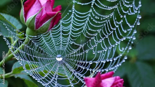 close-up of a rain-soaked spiderweb among garden roses