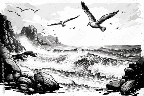Sea landscape illustration. Background with seascape. Hand draw.