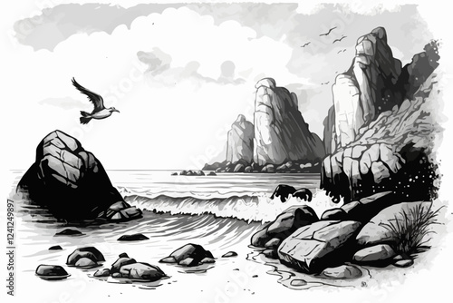 Sea landscape illustration. Background with seascape. Hand draw.