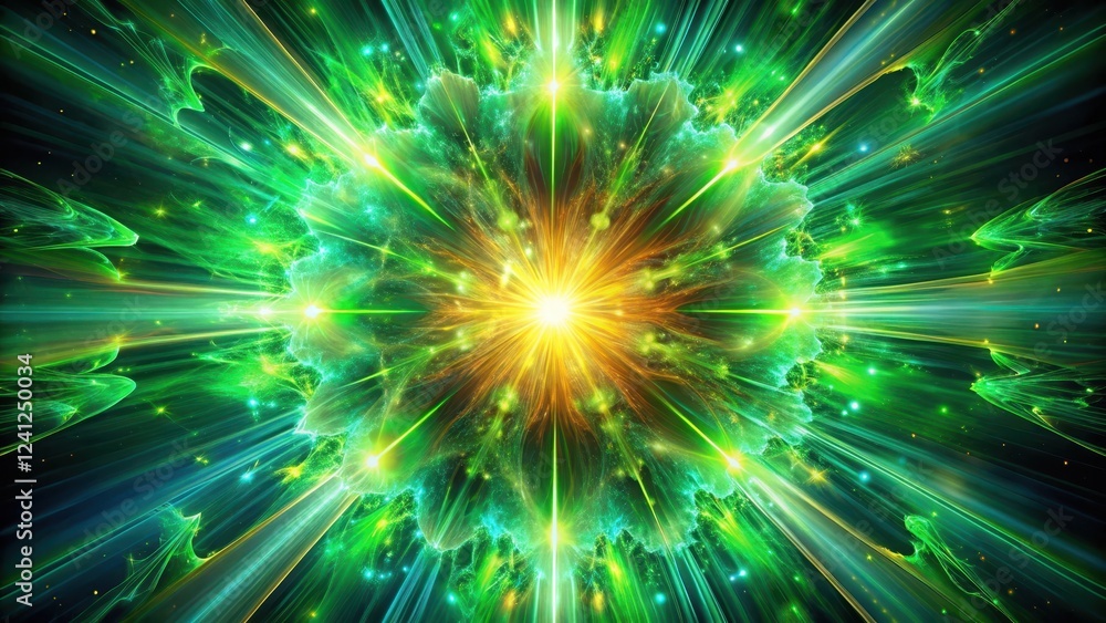 Vibrant green explosion bursts across the dark canvas, as radiant energy releases a kaleidoscope of hues, amidst swirling patterns and shapes , green color, colorful burst Vibrant green explosion bursts across the dark canvas, as radiant energy releases a kaleidoscope of hues, amidst swirling patterns and shapes , green color, colorful burst
