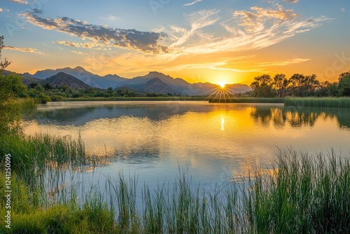 Sunset over tranquil lake with distant mountains.