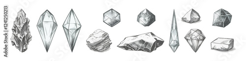 Hand draw minerals and crystals set. Magic rock illustration.