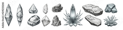 Hand draw minerals and crystals set. Magic rock illustration.