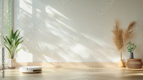 AI-Powered Robot Vacuum Cleans Glowing Dust in Modern Home Environment photo