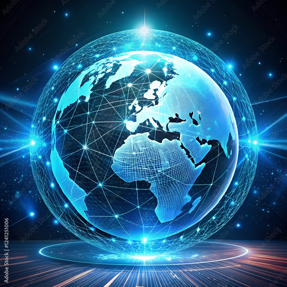 Naklejka premium Global fintech innovation: digital diagram featuring a futuristic planet hologram