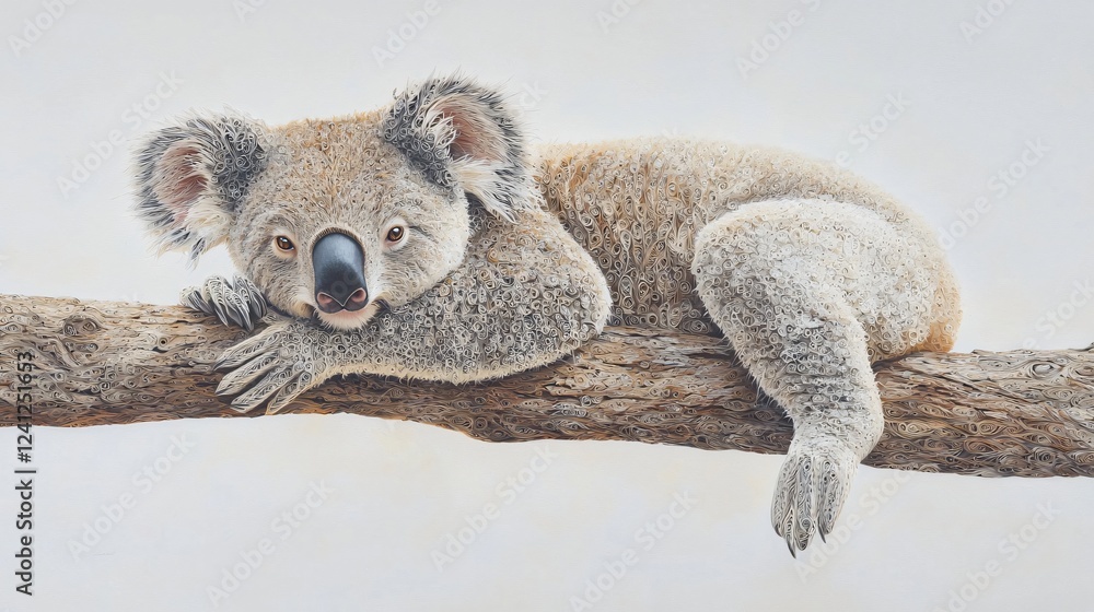 Fototapeta premium Koala resting on eucalyptus branch, outdoors. Wildlife conservation