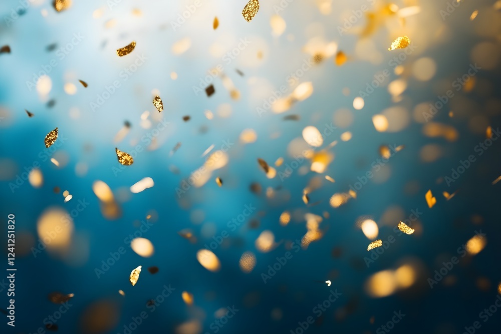 Golden confetti gracefully falling against a soft, blurred blue backdrop Golden confetti gracefully falling against a soft, blurred blue backdrop
