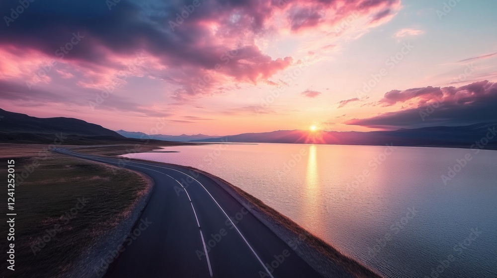 Asphalt road winds along the shore of a tranquil lake, reflecting the vibrant hues of a breathtaking sunset, creating a picturesque scene of serenity and wanderlust Asphalt road winds along the shore of a tranquil lake, reflecting the vibrant hues of a breathtaking sunset, creating a picturesque scene of serenity and wanderlust