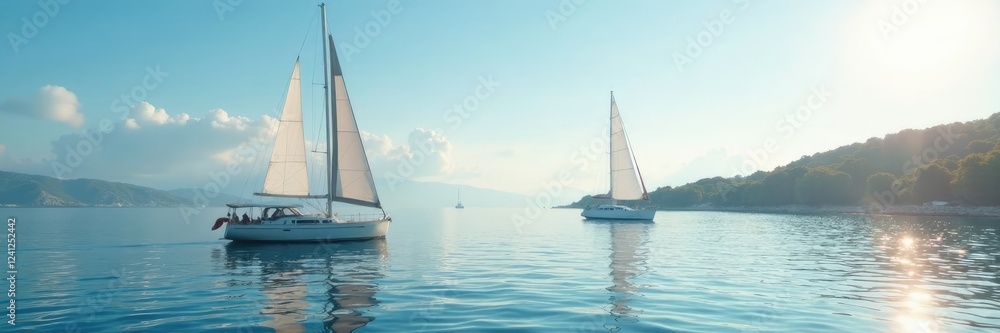 Sailboat in calm waters with Split waterfront, sea, harbor Sailboat in calm waters with Split waterfront, sea, harbor