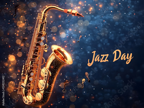 Wallpaper Mural Celebrate International Jazz Day With a Glamourous Saxophone Shining Against a Backdrop of Musical Notes and Gold Confetti Torontodigital.ca