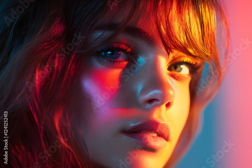 Portrait close up of young beautiful woman face with vibrant neon lightrays, beauty model with facia eexpression photo