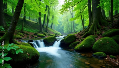 Serene forest scene with mossy river and short waterfall, overcast, greenery, serene
