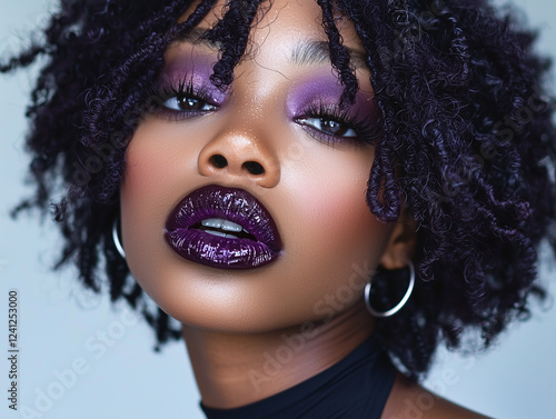 woman with her hair styled into a sleek bun, wearing a plum-toned highlighter