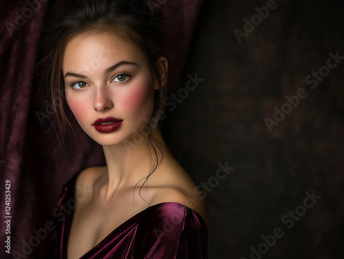 woman with her hair styled into a sleek bun, wearing a plum-toned highlighter
