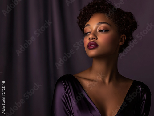 woman with her hair styled into a sleek bun, wearing a plum-toned highlighter