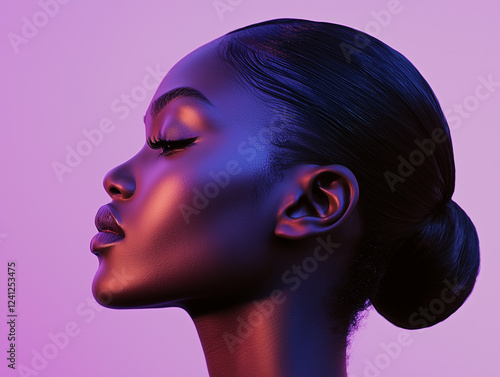 woman with her hair styled into a sleek bun, wearing a plum-toned highlighter