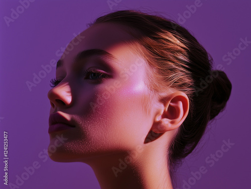 woman with her hair styled into a sleek bun, wearing a plum-toned highlighter