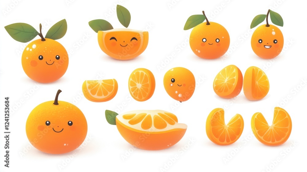 Cute cartoon oranges, slices, various angles, white background, children's book illustration Cute cartoon oranges, slices, various angles, white background, children's book illustration