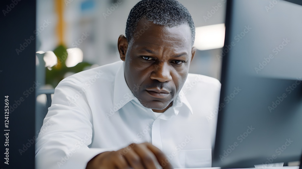 A businessman adjusting his computer screen while working on a project in a professional office setting A businessman adjusting his computer screen while working on a project in a professional office setting