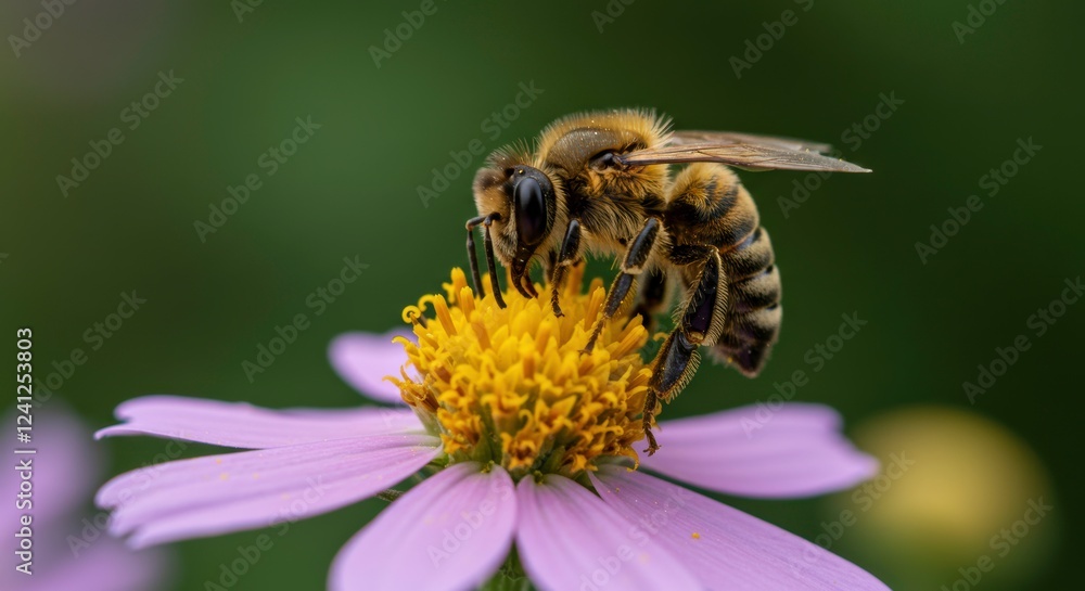 Honeybee on a Pink Flower: A close-up photograph of a busy honeybee collecting nectar from a vibrant pink flower, showcasing the delicate beauty of nature's intricate ecosystem. Honeybee on a Pink Flower: A close-up photograph of a busy honeybee collecting nectar from a vibrant pink flower, showcasing the delicate beauty of nature's intricate ecosystem.