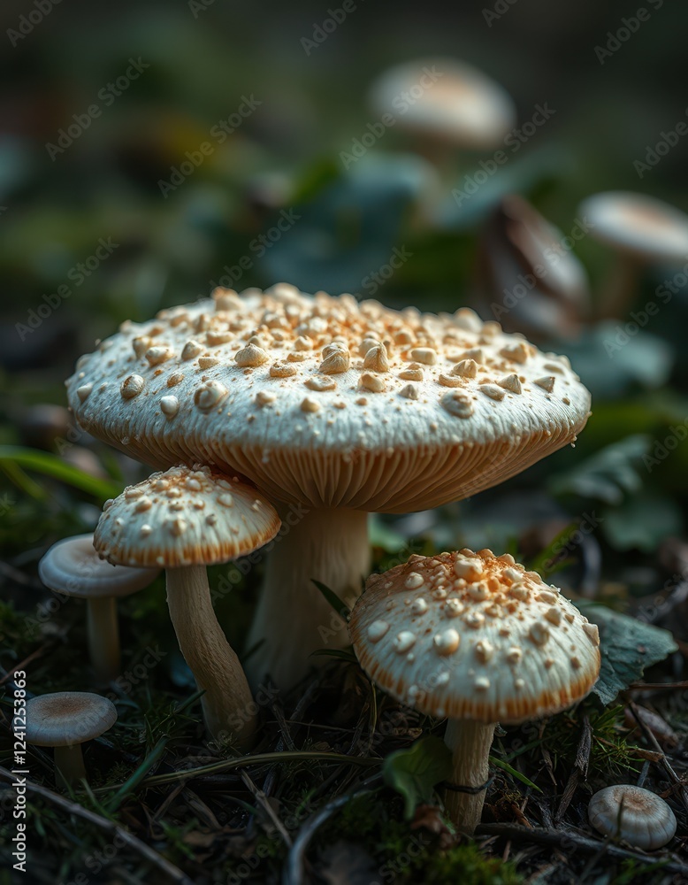 Mushrooms growing in a forest setting under soft natural light during early morning hours Mushrooms growing in a forest setting under soft natural light during early morning hours