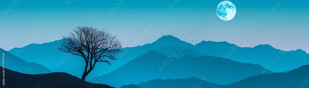 Serene moonlit landscape with a lone tree. Serene moonlit landscape with a lone tree.
