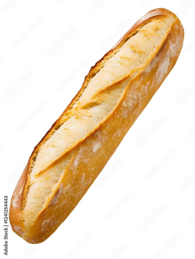 A fresh baguette, with a golden crust, placed diagonally on a white background. Transparent background
A fresh baguette, with a golden crust, placed diagonally on a white background. Transparent background