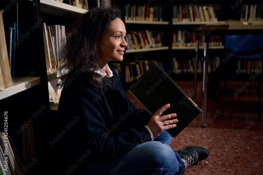 Woman reading a book in a library setting with thoughtful expression Woman reading a book in a library setting with thoughtful expression