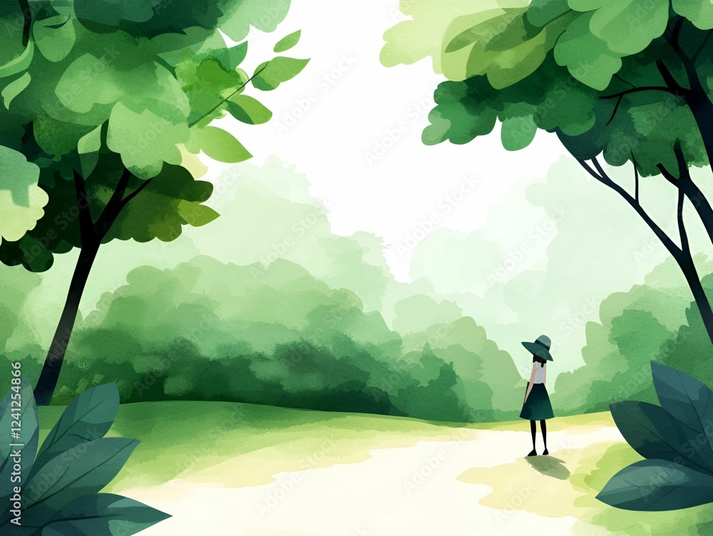 Fototapeta premium Earth day watercolor concept. A serene landscape with a figure standing on a path surrounded by lush greenery.