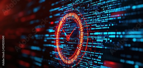 A modern digital time concept featuring a glowing futuristic clock, symbolizing technological innovation and datum-driven advancements in abstract design.