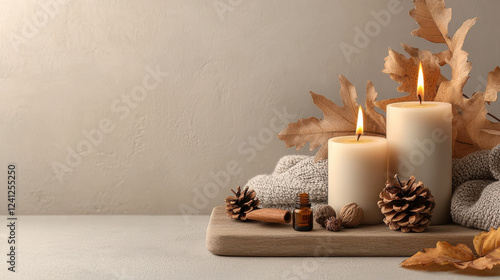calming aromatherapy session with essential oils, candles, and natural elements creates serene atmosphere. warm glow of candles and earthy textures enhance relaxation