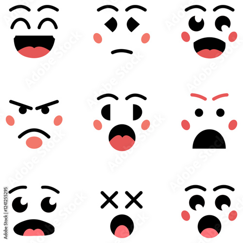 set of eyes, Cute kawaii face icon set on white background, Set of  hand drawn emoticons expressing various emotions,
