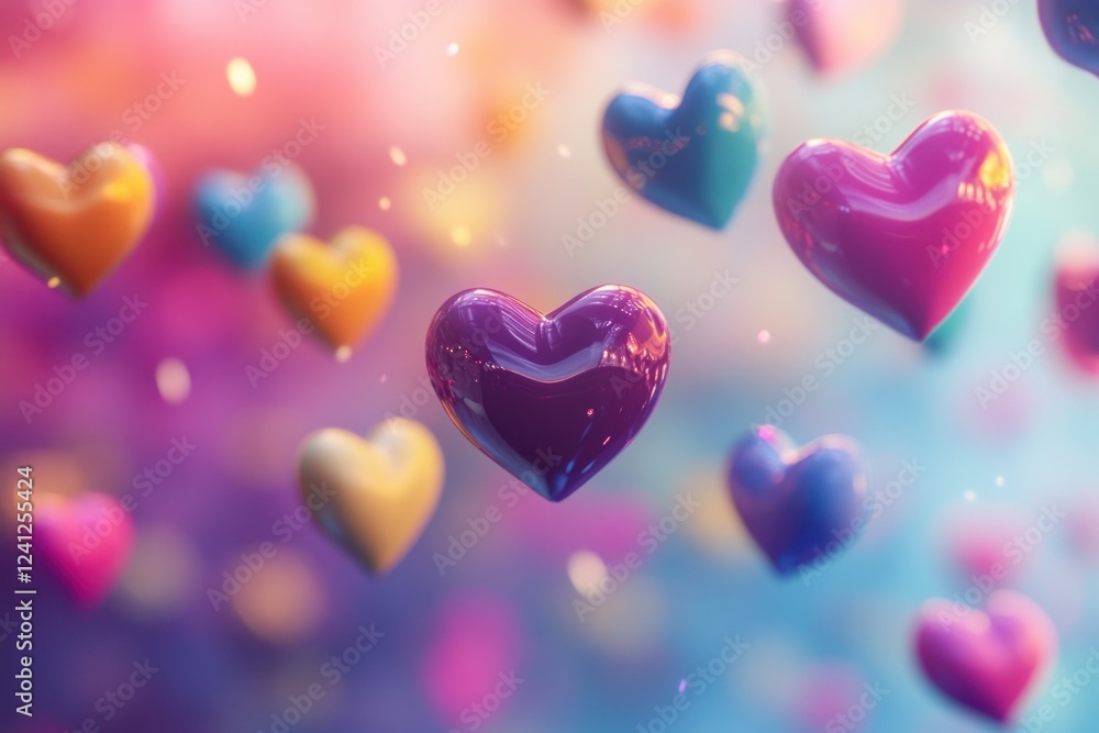 Fototapeta premium Colorful Floating Hearts on a Vibrant Background for Romantic and Cheerful Themes