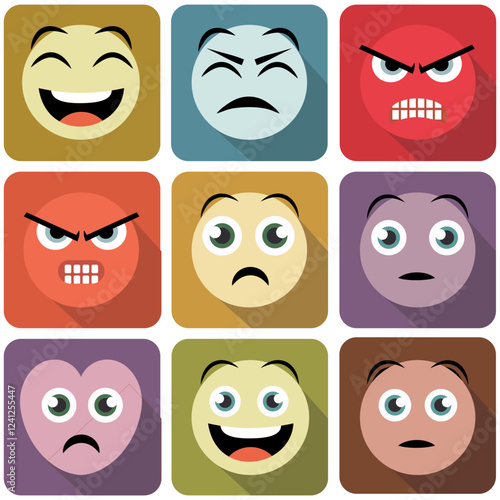 A set of nine different colored emoticons, including angry, sad, and happy faces. The faces are arranged in a grid, with some overlapping and some not. Scene is one of variety and diversity,