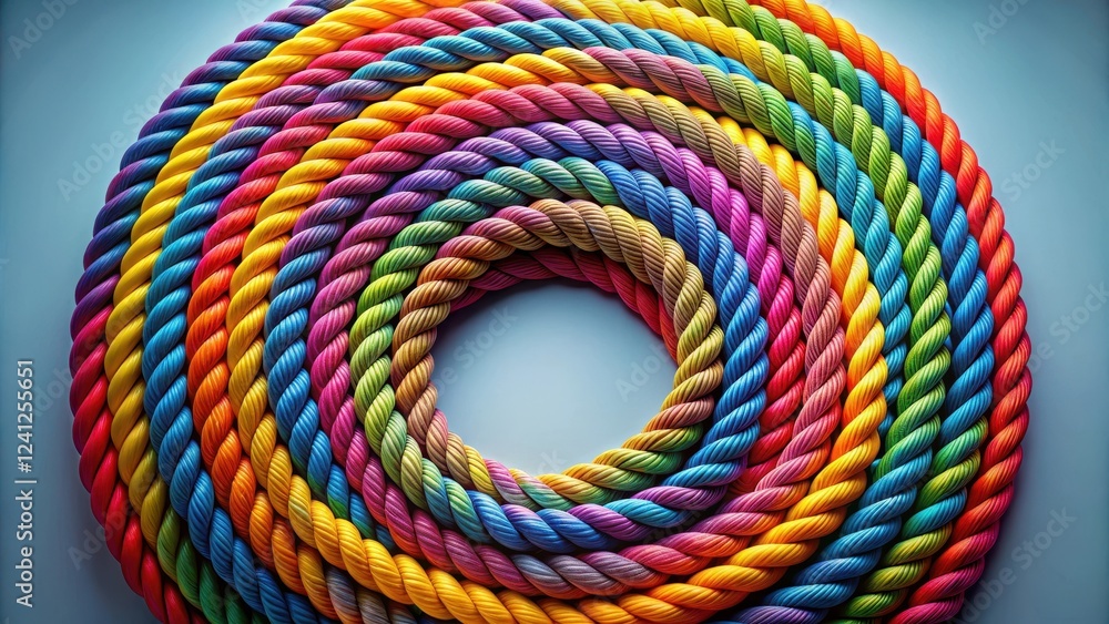 Twisted rope with vibrant colors and patterns, twisted in a circular motion, ropes