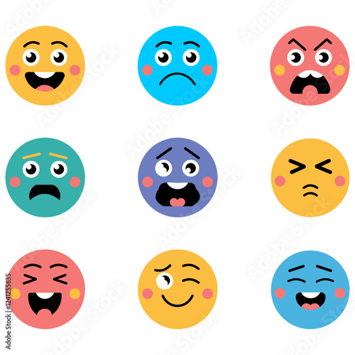 A set of nine different colored emoticons, including angry, sad, and happy faces. The faces are arranged in a grid, with some overlapping and some not. Scene is one of variety and diversity,