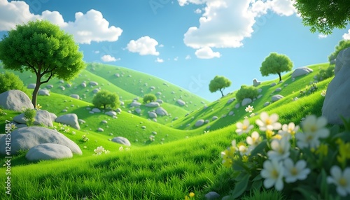 Idyllic Green Hillscape: A Sunny Day in a Cartoon Landscape