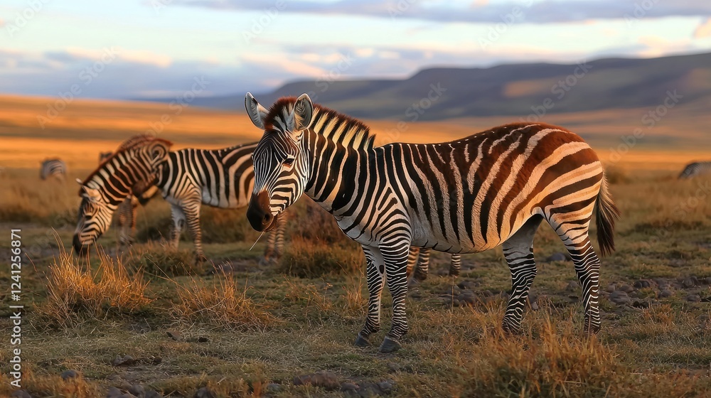 Naklejka premium A serene landscape featuring zebras grazing in golden grasslands during sunset