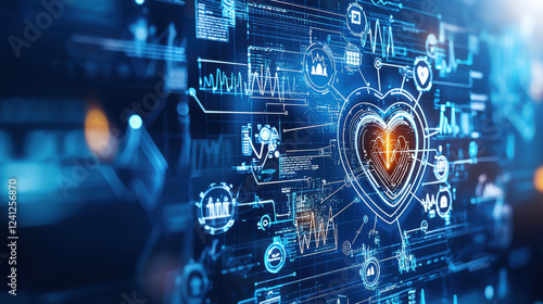 Wallpaper Mural futuristic blue toned medical background featuring digital heart graphics, data visualizations, and technology elements, conveying sense of innovation and health Torontodigital.ca