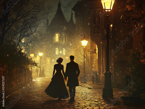 A romantic couple walks hand in hand through a historic city at night, illuminated by warm streetlights, creating an intimate and nostalgic atmosphere.