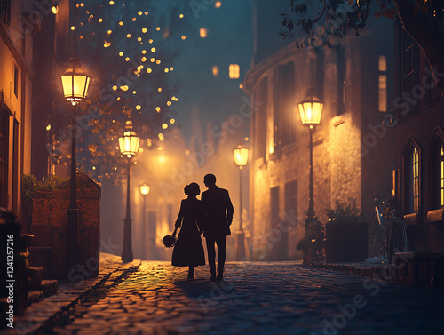 A romantic couple walks hand in hand through a historic city at night, illuminated by warm streetlights, creating an intimate and nostalgic atmosphere.